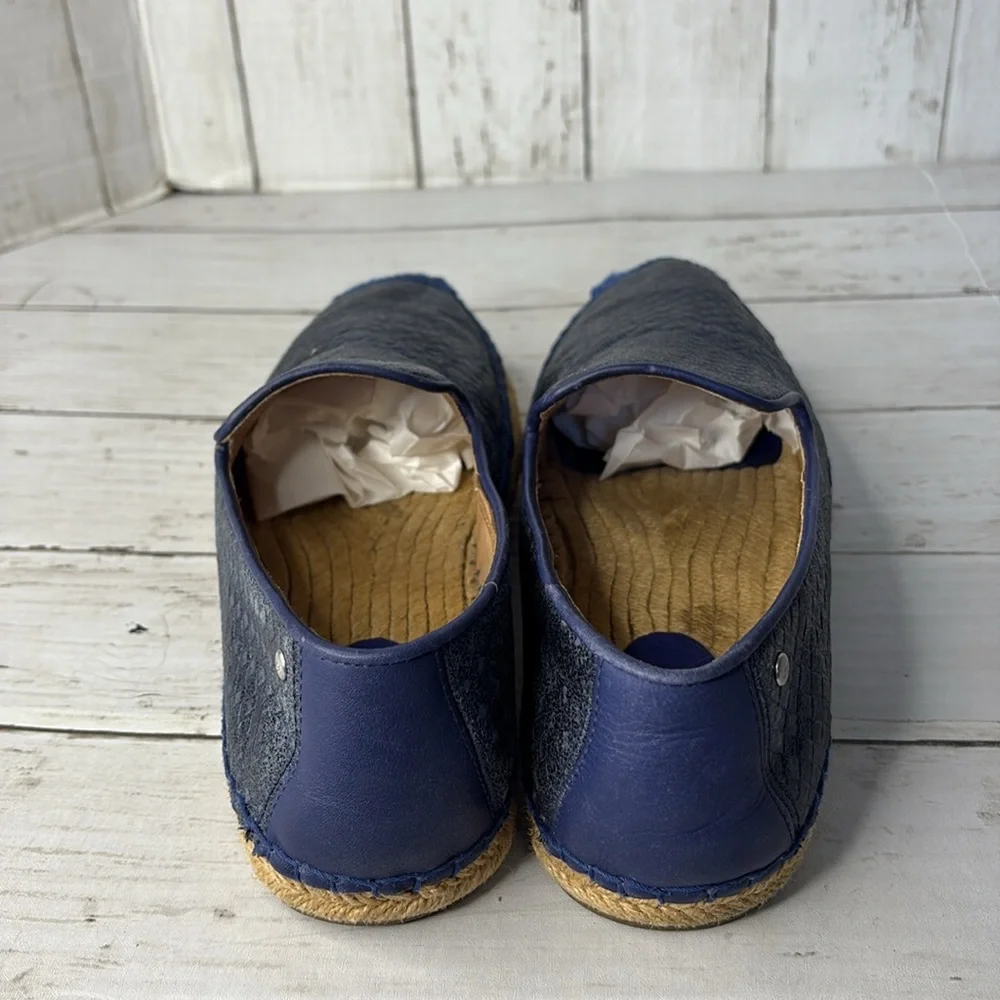 UGG SANDRINNE METALLIC LEATHER BASKET WEAVE BLUE ESPADRILLE